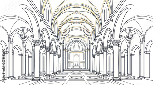 Schilderij op canvas Grand Cathedral Interior Sketch with Arches, Columns, and Dome