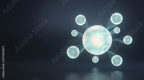 Glowing sphere splitting into smaller spheres, abstract light effect