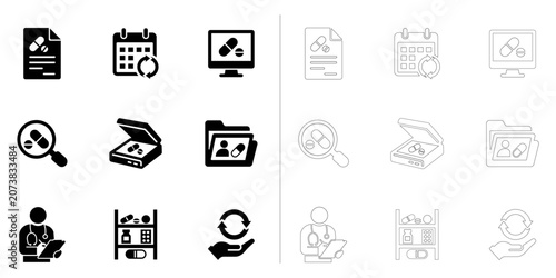 Pharmacy Prescription Management Icon Set - Solid and Outline Medical Healthcare Workflow Icons