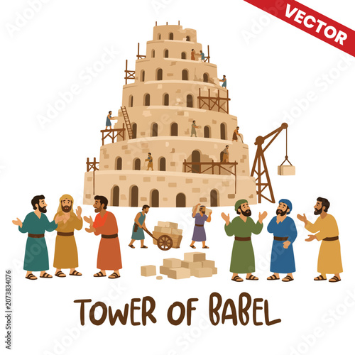 Bild auf Leinwand Tower of Babel construction biblical scene illustration with workers building an