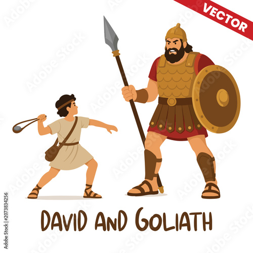 David and Goliath biblical story illustration young shepherd boy using a sling against giant warrior
