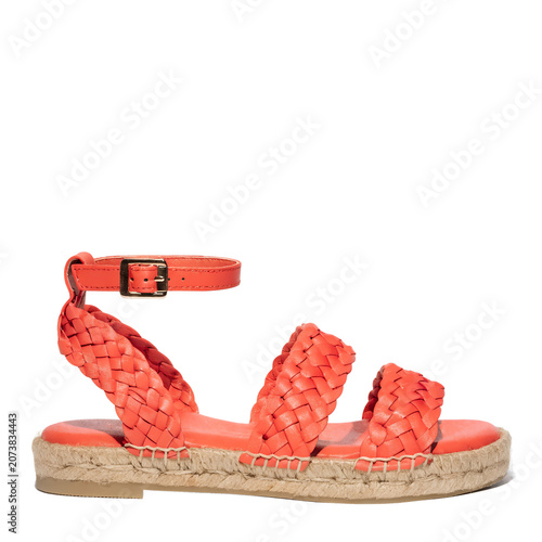 Coral Braided Strap Espadrille Sandals with Ankle Buckle on transparent background