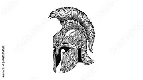 Foto Ancient Greek Spartan Warrior Helmet Illustration, Ornate Design, Black and Whit