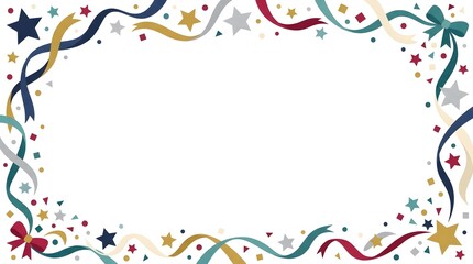 Colorful celebration border with ribbons stars and confetti isolated on white background