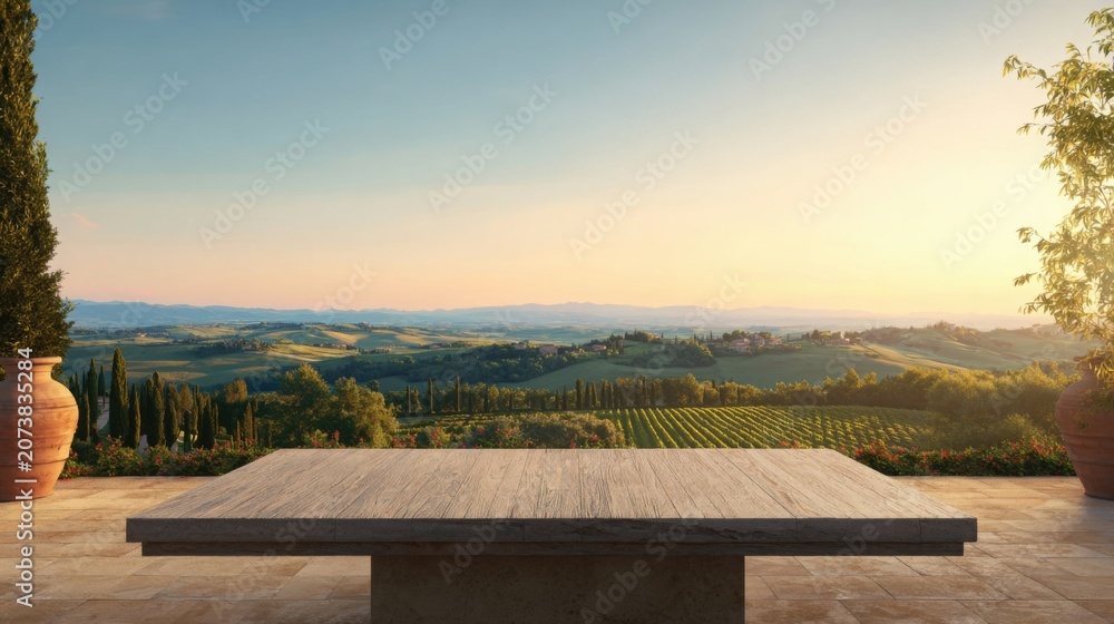 Fototapeta premium Elegant stone terrace with a simple wooden table overlooking endless Tuscan vineyards, golden sunset, luxury travel lifestyle concept, hyper