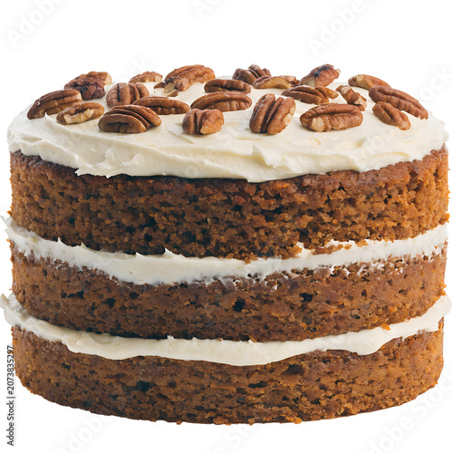 Homemade Carrot Cake with Cream Cheese Frosting & Pecan Halves on transparent background