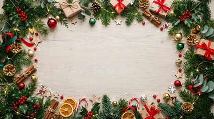 Christmas border with presents, pine branches, and ornaments on a wooden background