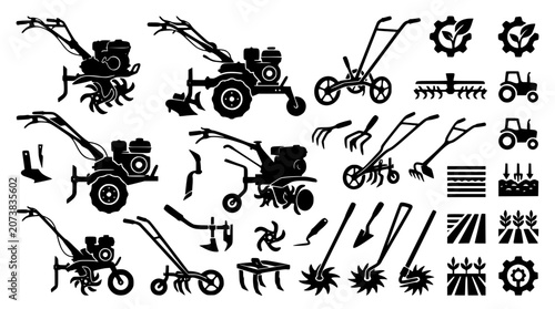 Quadro su tela Agricultural walking tractor and power tiller silhouette icon set with garden ro