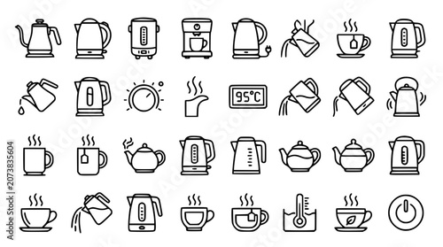 Fotografie Electric kettle and hot beverage line icon set featuring teapots coffee makers b