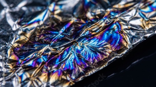 Close up iridescent metallic crystal growth blue purple gold abstract texture dramatic lighting