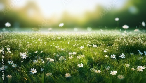 Green Grass Field With Little White Flowers Background D Rendering