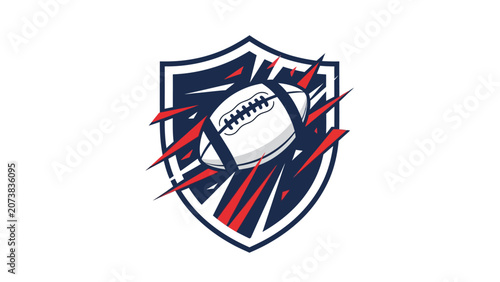 American football player shield logo with motion lines and ball in play