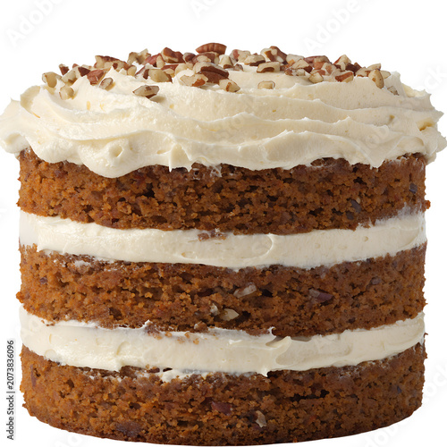 Rich Layered Carrot Cake with Cream Cheese Frosting and Pecan Topping on transparent background