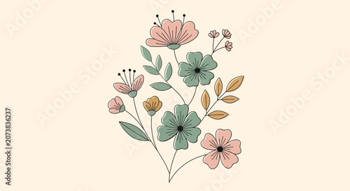 Hand-Drawn Botanical Illustration of Pink and Green Flowers with Leaves on Beige Background