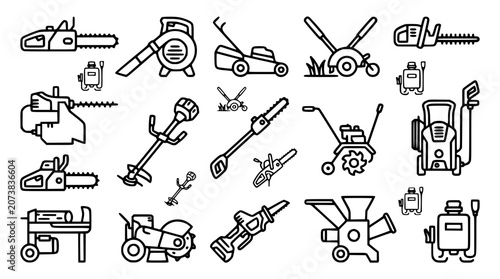 Foto Power garden tools and lawn maintenance machinery outline icons vector set featu