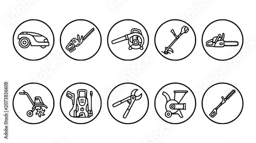 Canvastavla Power garden tools and outdoor lawn maintenance machinery line icons vector set