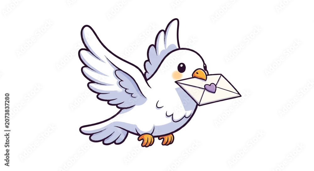 Obraz premium Cute cartoon dove carrying a letter in its beak.