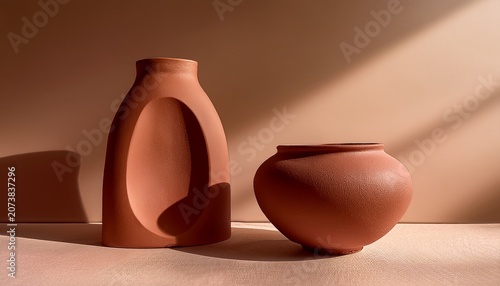 Minimal D Render Of Sculptural Vessel In Terracotta Brown Matte Texture Placed Against Warm Faded Beige Background Refined Luxury Atmosphere With Copy Space Modern Ceramic Course