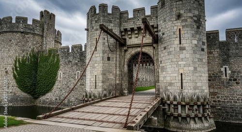 Stunning Medieval Stone Castle Gatehouse with Functional Drawbridge and Defensive Fortifications Over a Moat