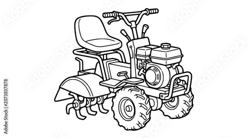 Obraz na plátně Riding power tiller and motorized rotary cultivator vector line art illustration