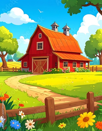 Red Barn in Green Field Landscape.