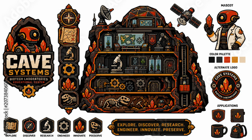 Foto Vintage Cave Exploration System Illustration with Icons and Characters