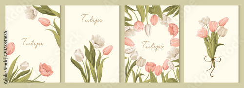 Foto Set of holiday card templates with tulips