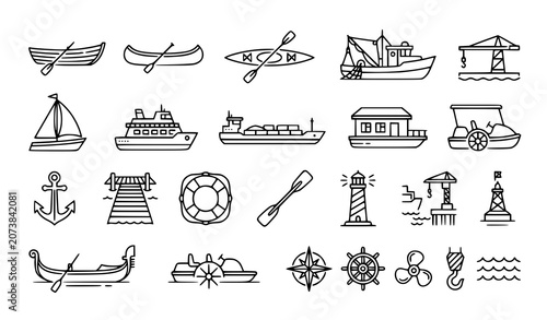 Foto River transport and traditional boat linear icon set vector illustration