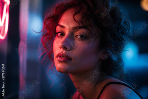 A young woman with curly red hair is looking intensely at the camera in a dimly lit, neon-lit urban setting.