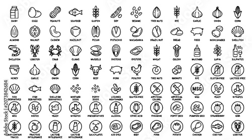 Tableau sur toile Food allergen ingredients and dietary warning line icon set vector bundle featur