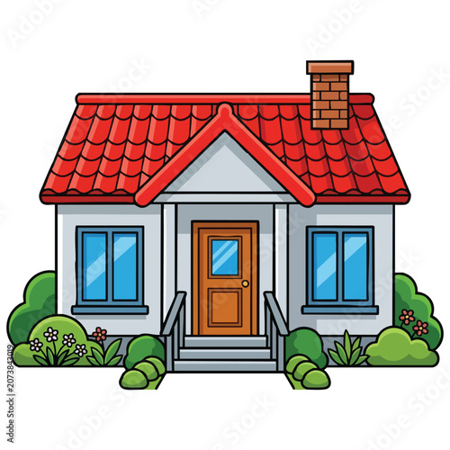Small House with Red Roof and Green Garden Illustration