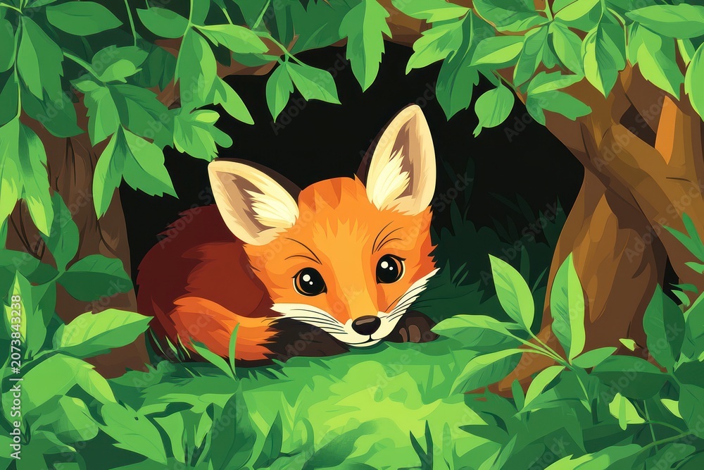 Obraz premium A cartoon red fox with large eyes peeks out from a lush green forest hideout