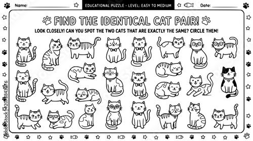 Tableau sur toile Find the identical cat pair educational visual puzzle game worksheet vector illu