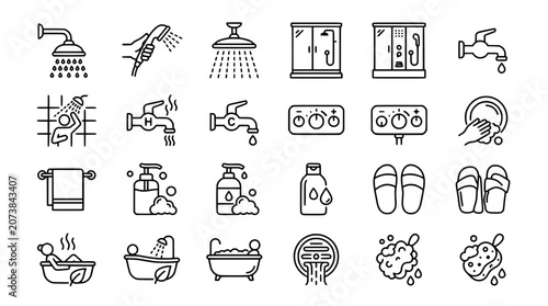 Obraz na płótnie Bathroom shower and bathing line icon set vector bundle featuring faucet towel s