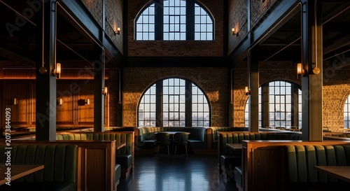 Elegant restaurant interior with arched windows and warm ambient lighting in a modern industrial setting.