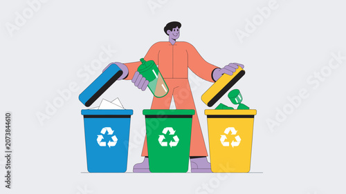 Man sorts recyclable waste materials into designated color-coded bins to promote environmental health.