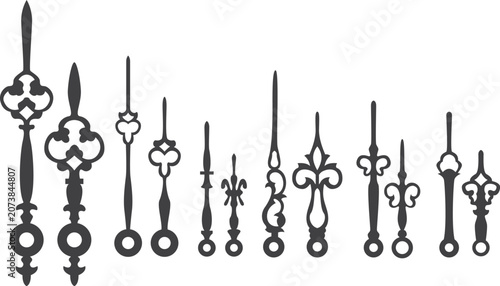 Foto Black and white of various clock hands in different styles and shapes hour hand