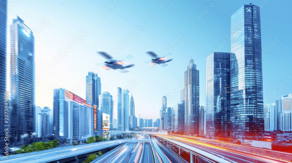 Fototapeta premium Futuristic cityscape featuring tall skyscrapers, flying vehicles, and vibrant urban life, showcasing advanced technology