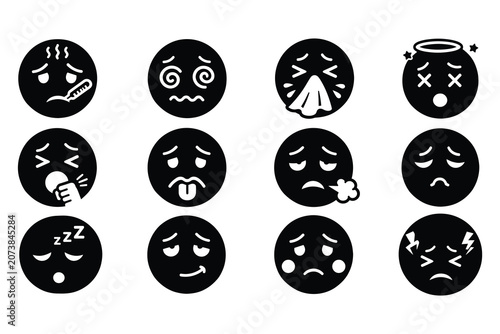 Obraz na płótnie Set of sickness and illness black circle emoticons showing negative health and f