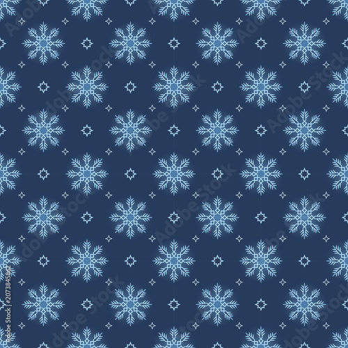 Seamless Winter Snowflake Pattern on Dark Blue Background with Decorative Ice Crystal Holiday Design