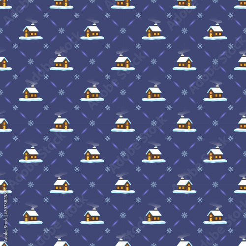 Seamless Snowy Winter House Pattern with Snowflakes on Dark Blue Background Cozy Holiday Design
