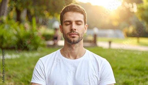 Hombre joven meditando con ojos cerrados en un parque con luz natural en escena de bienestar, calma y equilibrio