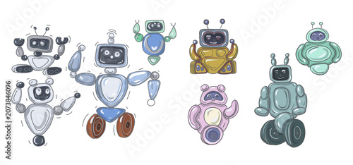 Valokuva Cute hand drawn cartoon robot characters sticker set  illustration