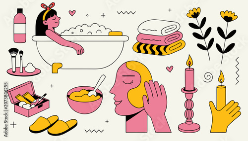 Fotografía Pink theme spa day illustration with woman bathing and facial treatment in flat art style
