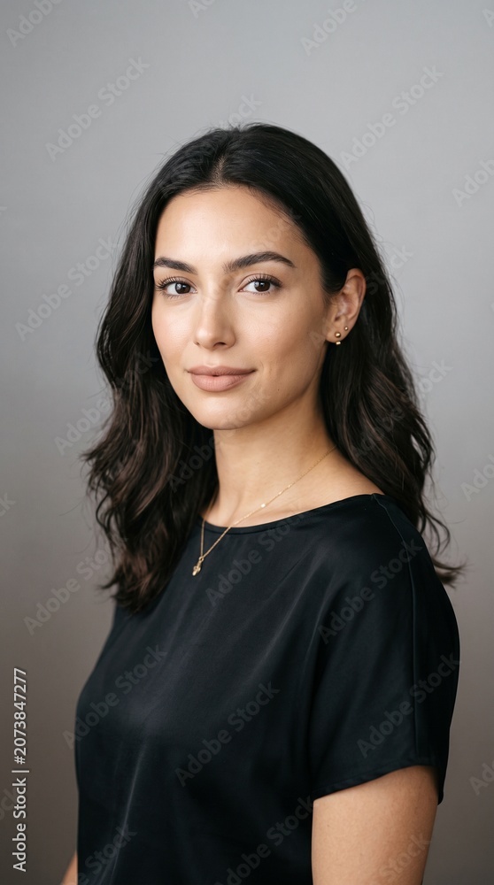 Fototapeta premium Elegant portrait of a female model on grey gradient background, minimal makeup, timeless beauty style