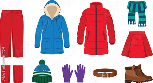 Fotografía Winter clothes and warm outerwear vector illustration set with puffer jacket, ho