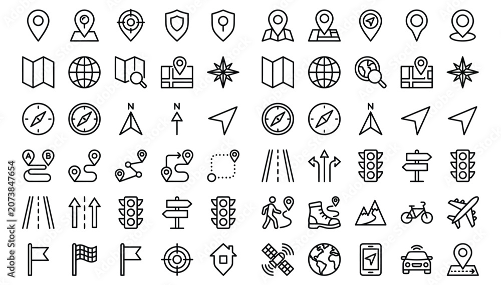 Naklejka premium route Navigation web icons in line style. Direction, location, route map, traffic, pin, collection. Editable stroke. Vector illustration.
