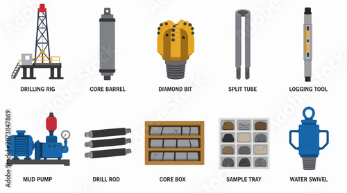Tableau sur toile Collection of oil drilling equipment and tools illustration.