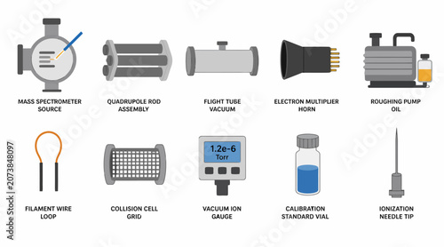 Schilderij op canvas Collection of industrial and scientific equipment illustrations.