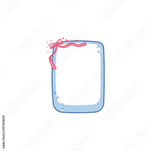 Cute Blue Rectangular Frame with Pink Ribbon Bow and Hearts Vector Illustration